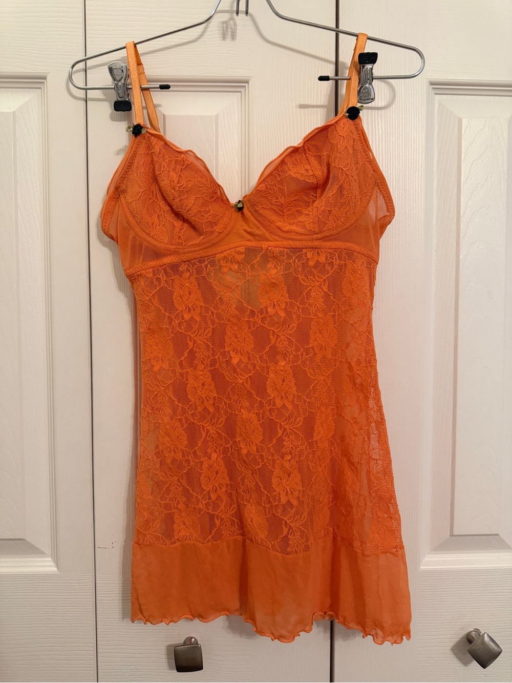Orange Floral Lace Lingerie Slip Dress Sheer Mesh Babydoll Romantic Y2K